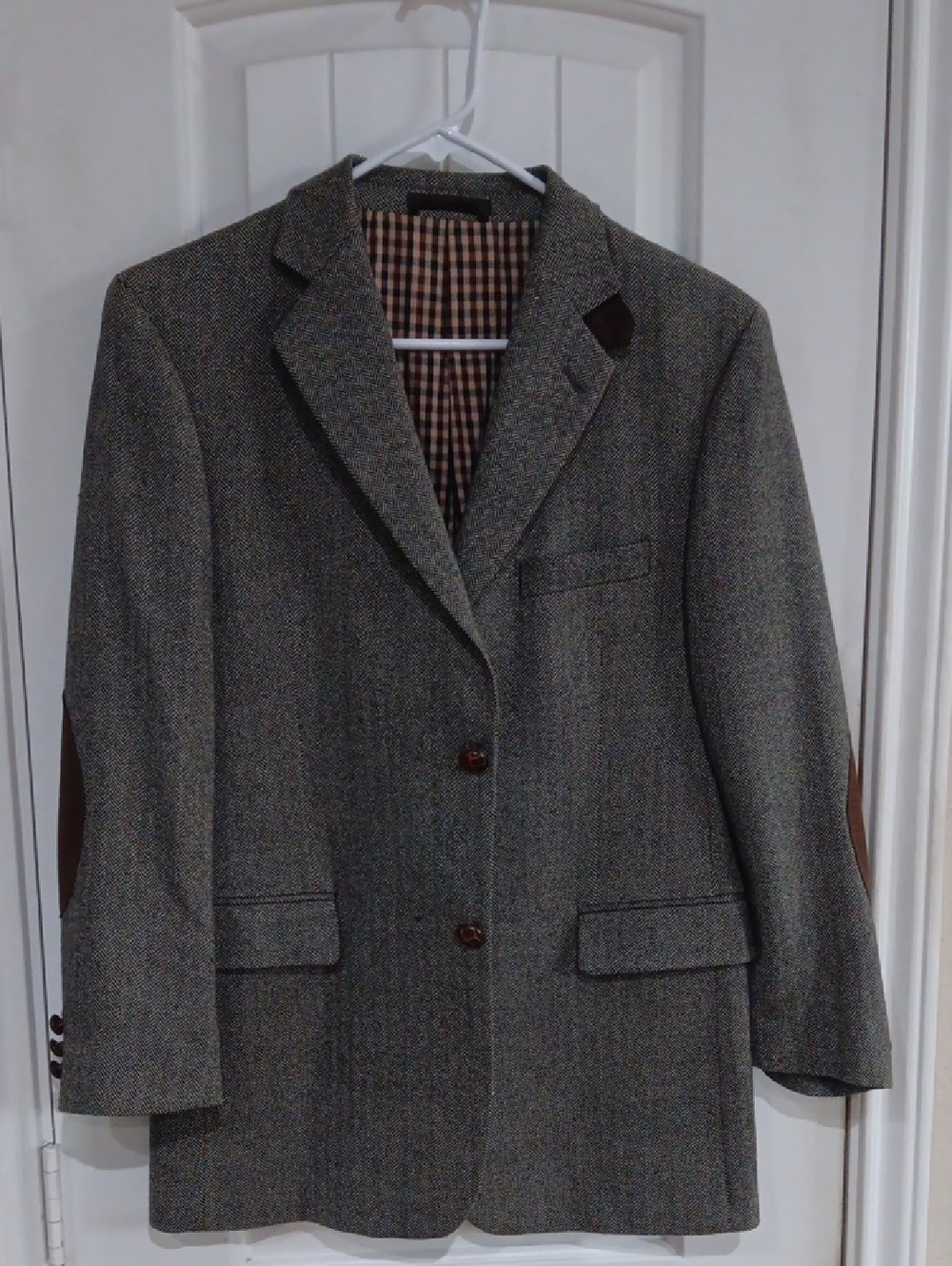 Vintage Joseph Abboud Boys Herringbone Wool Blazer - Storm Collar & Suede Elbows